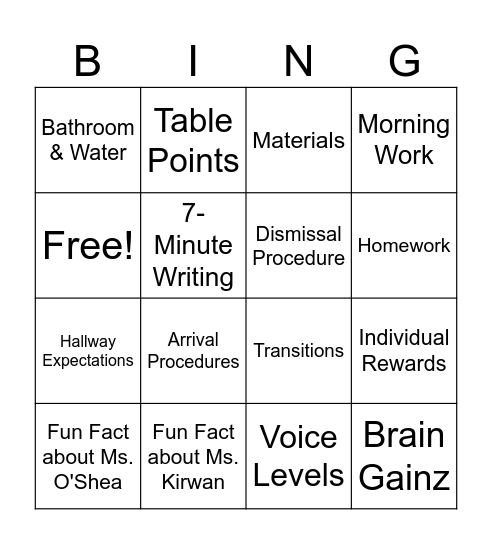 Classroom Routines and Expectations Bingo Card