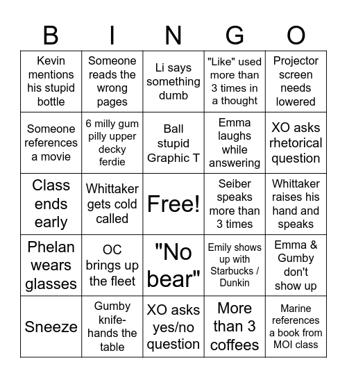 XO's Class Bingo Card