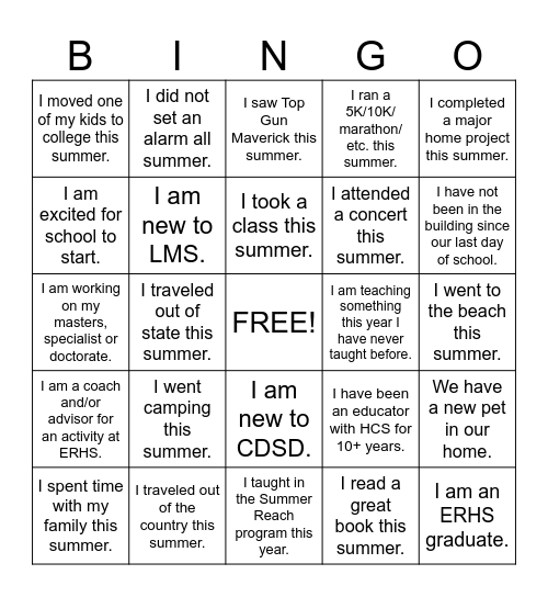 Staff Back to School Bingo Card