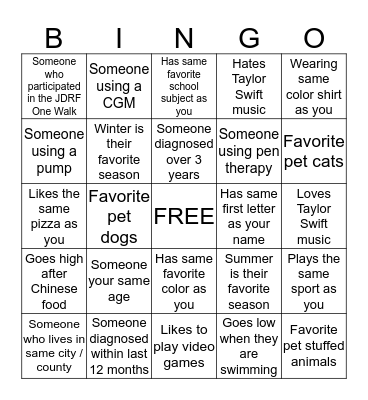 JDRF Lasertag - Who do you know? Bingo Card