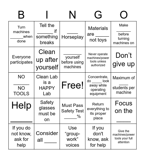 Lab Safety Bingo Card