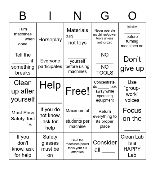 Lab Safety Bingo Card