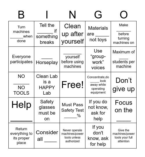 Lab Safety Bingo Card