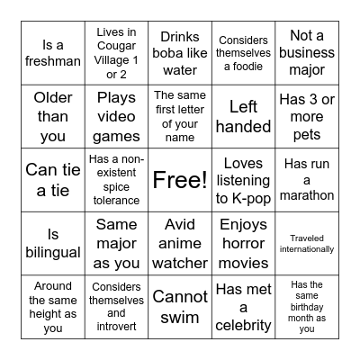 ABSA Orientation Bingo Card
