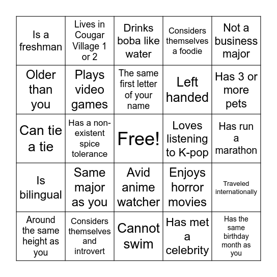 ABSA Orientation Bingo Card