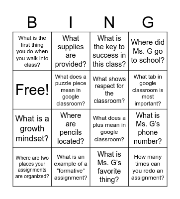 What do you need to know for Ms. G's Art Class? Bingo Card