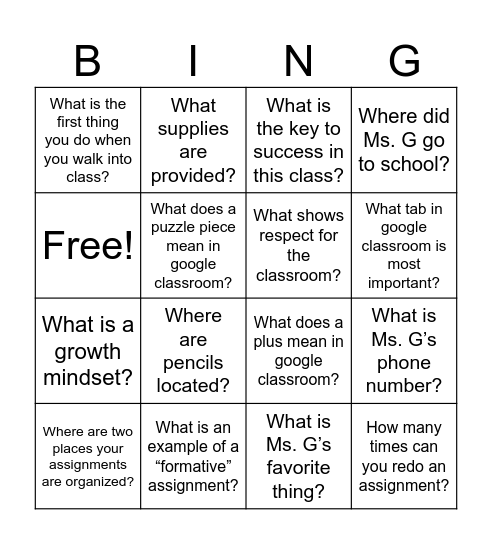 What do you need to know for Ms. G's Art Class? Bingo Card