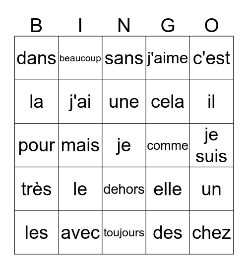 Les Mots Outils Bingo Card