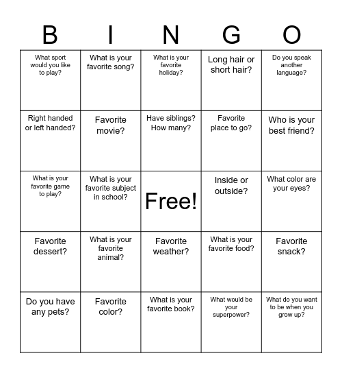 Get to Know Me! Bingo Card