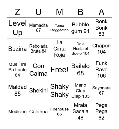 Zumba Bingo Card