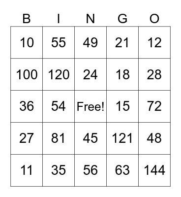 Multiplication Bingo Card