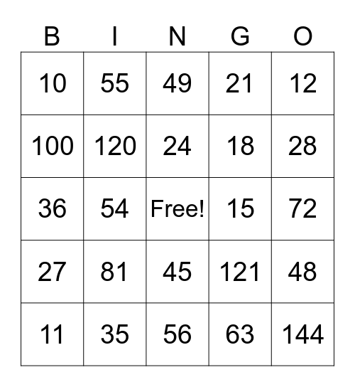 Multiplication Bingo Card