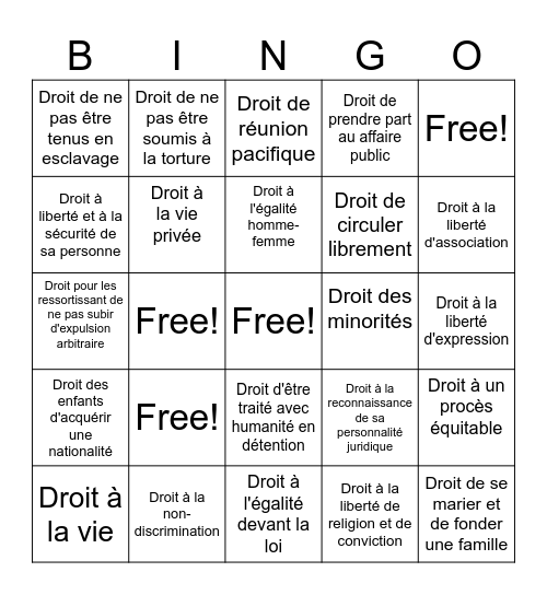 Droits civils et politques Bingo Card