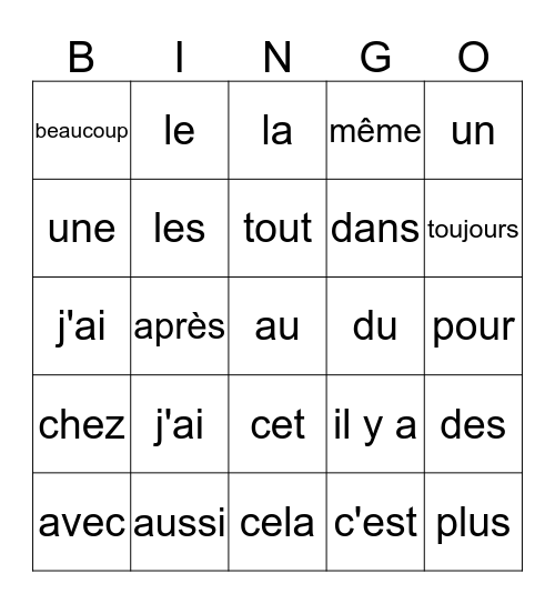 Les Mots Outils Bingo Card