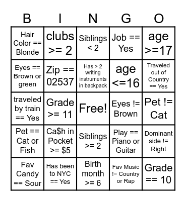 Boolean Bingo Card