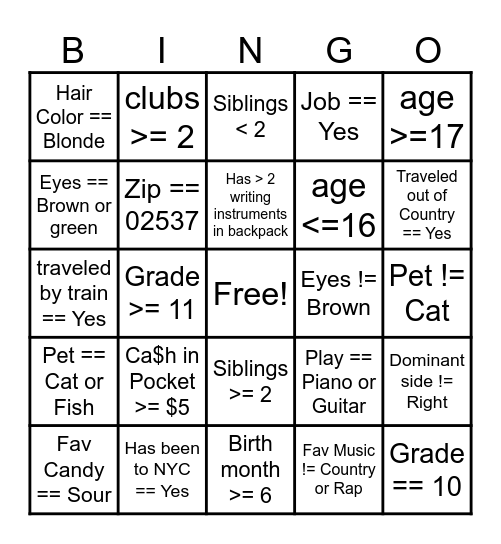 Boolean Bingo Card