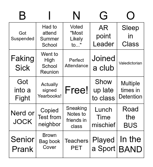 High School Bingo Card