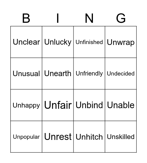 Prefix Un Bing Bingo Card