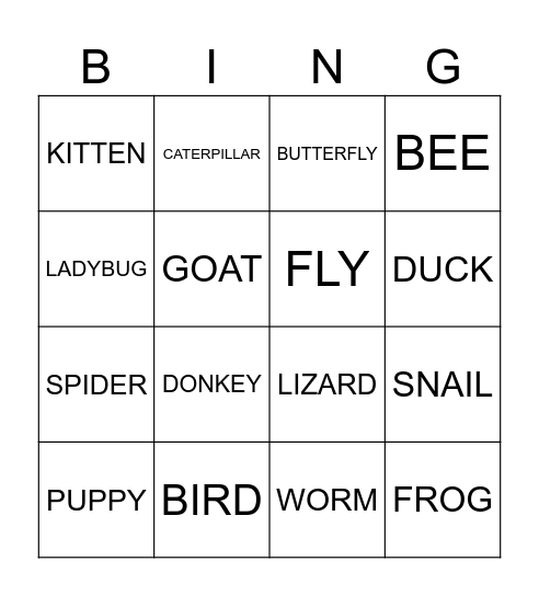ANIMALS Bingo Card