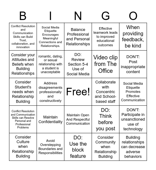 Relationships and Social Media Etiquette Bingo Card