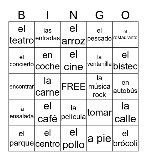 SPANISH VOCABULARY Bingo Card