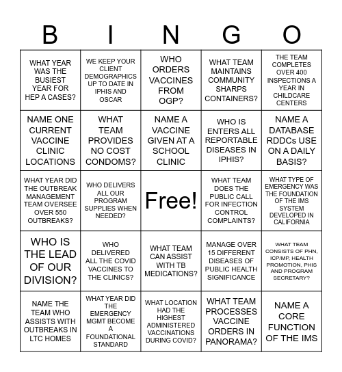 PUBLIC HEALTH TEAM BINGO Card