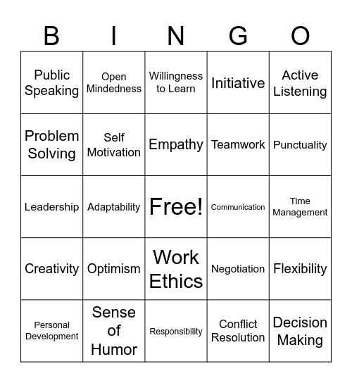 Soft Skills Bingo Card
