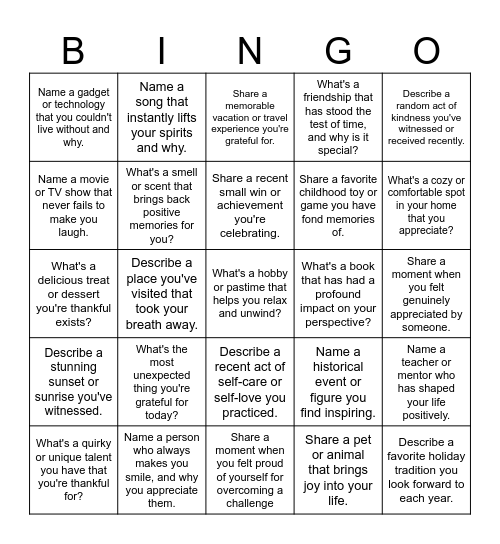 Gratitude Bingo Card