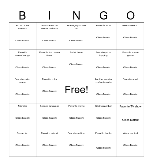 Find your match! Bingo Card