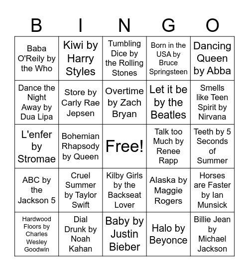 Music Bingo Card