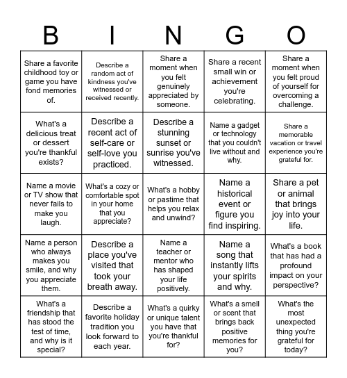 Gratitude Bingo Card