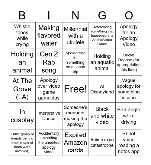 YouTube Apologies Bingo Card