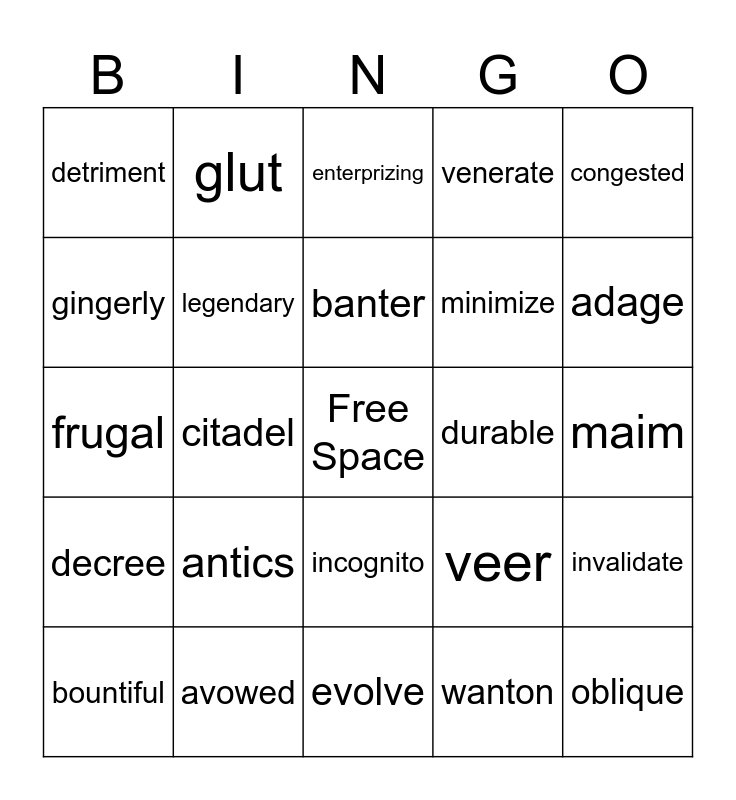 Unit 2B Vocab Bingo Card