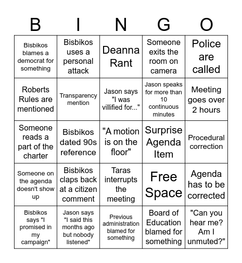 Board of Selectmen Bingo! Bingo Card