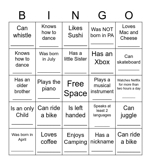 HUMAN BINGO Card