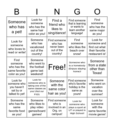 Get to Know Your Fellow FIG Students Bingo Card