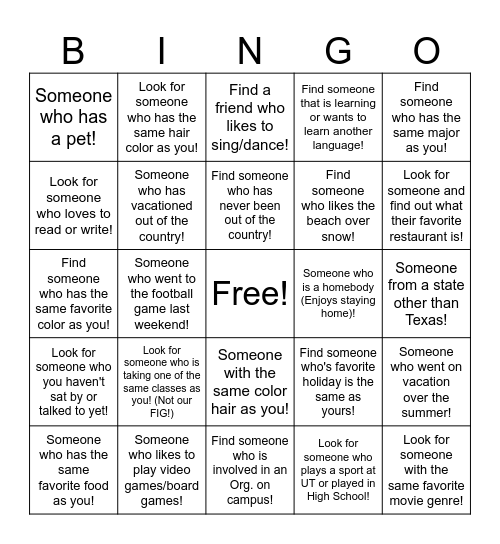 Get to Know Your Fellow FIG Students Bingo Card