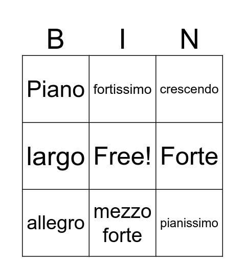 musical terms bingo Card