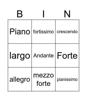 musical terms bingo Card