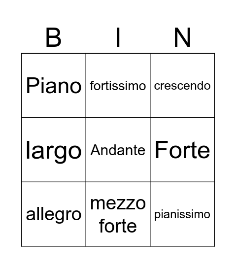 musical terms bingo Card