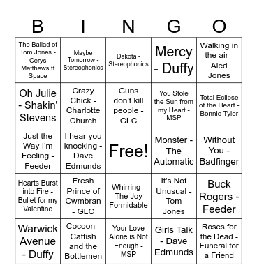 Welsh Artists Bingo Card