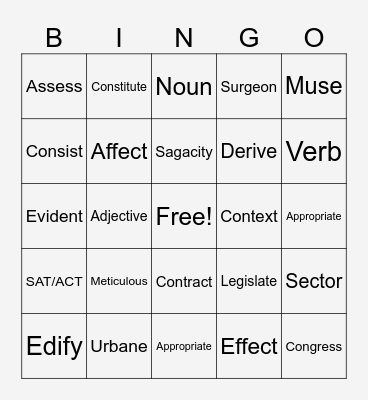 Vocabulary Bingo Card