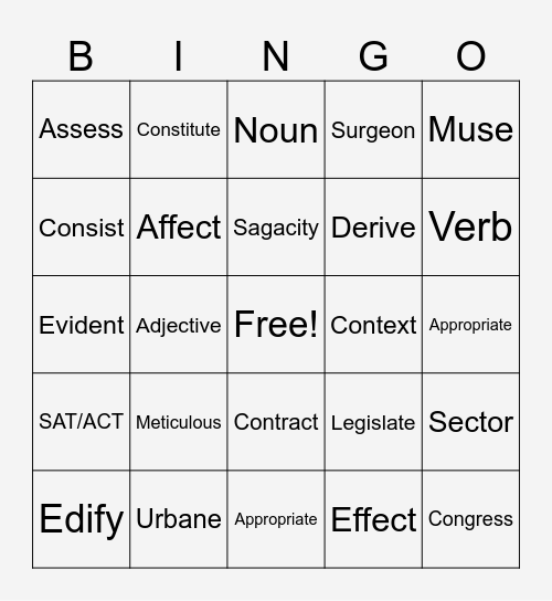 Vocabulary Bingo Card