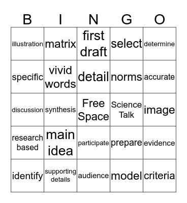 Academic Vocabulary Bingo Card