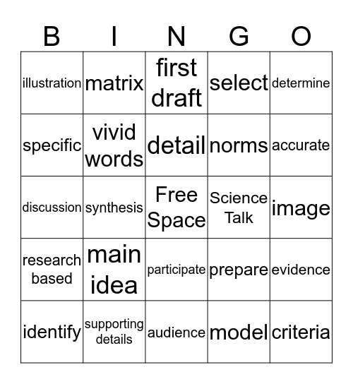 Academic Vocabulary Bingo Card