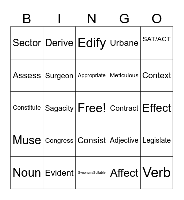 Vocabulary Bingo Card