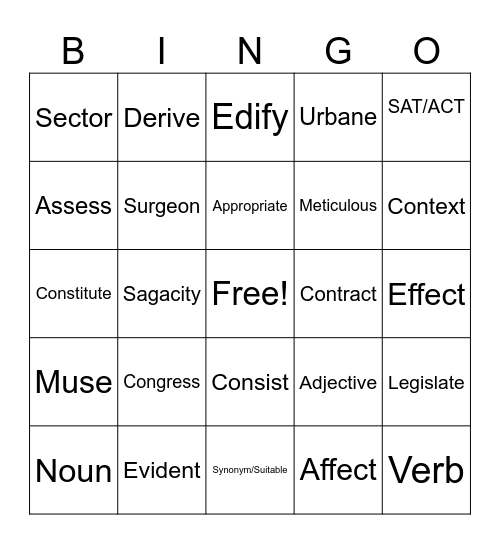 Vocabulary Bingo Card