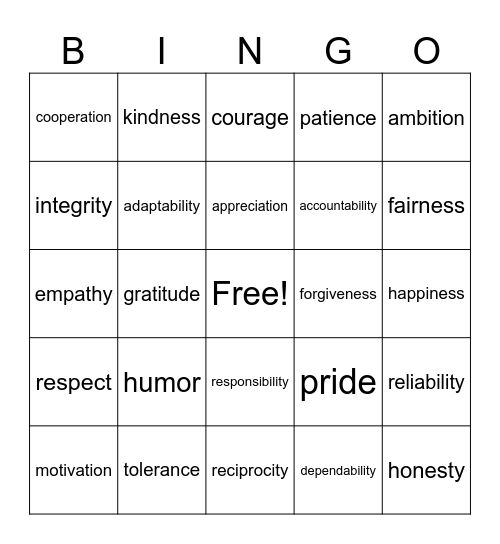 Values Bingo Card