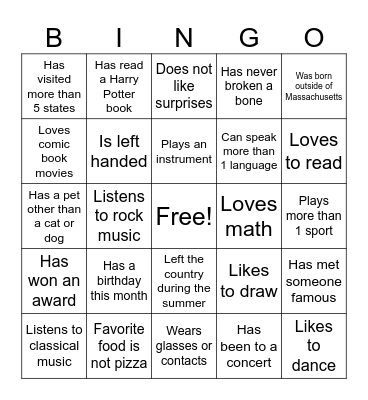 Getting to Know You Bingo Card