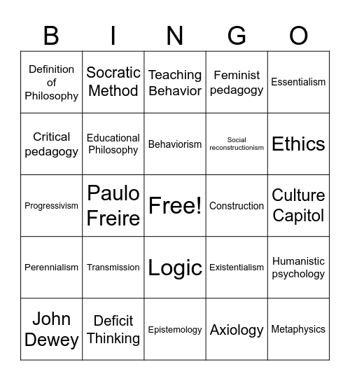 EDUC 2110 Bingo Card